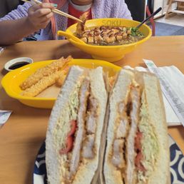 Chicken katsu ramen, tempura shrimp and tonkatsu sando. Chicken katsu ramen, tempura shrimp and tonkatsu sando.