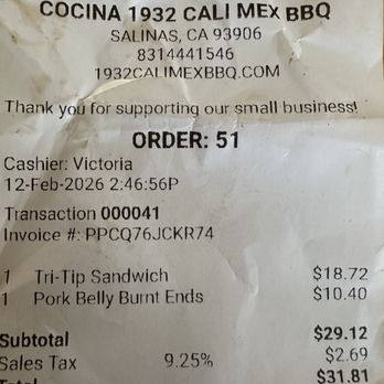 Cocina 1932 Cali-Mex BBQ - Tri tip Sandwich and pork belly ends - Food Trucks Near Me - Salinas, California Cocina 1932 Cali-Mex BBQ - Tri tip Sandwich and pork belly ends - Food Trucks Near Me - Salinas, California