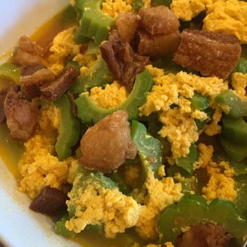 Pink Salt Grill - Ampalaya with eggs and tomato, added crispy pork - Filipino Near Me - Santa Clarita, California Pink Salt Grill - Ampalaya with eggs and tomato, added crispy pork - Filipino Near Me - Santa Clarita, California