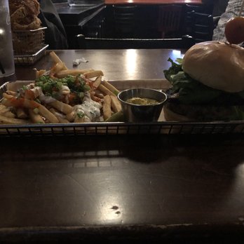 Hops Burger Bar - Cauliflower and Mushroom burger College Hill Blues style with Sweet Thai Chili fries - Burgers Near Me - Greensboro, North Carolina Hops Burger Bar - Cauliflower and Mushroom burger College Hill Blues style with Sweet Thai Chili fries - Burgers Near Me - Greensboro, North Carolina