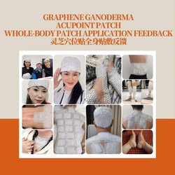 Massage Yini - A collection of client feedback showing the Whole-Body Graphene Ganoderma Acupoint Patch applied to various meridian points to clear blockag