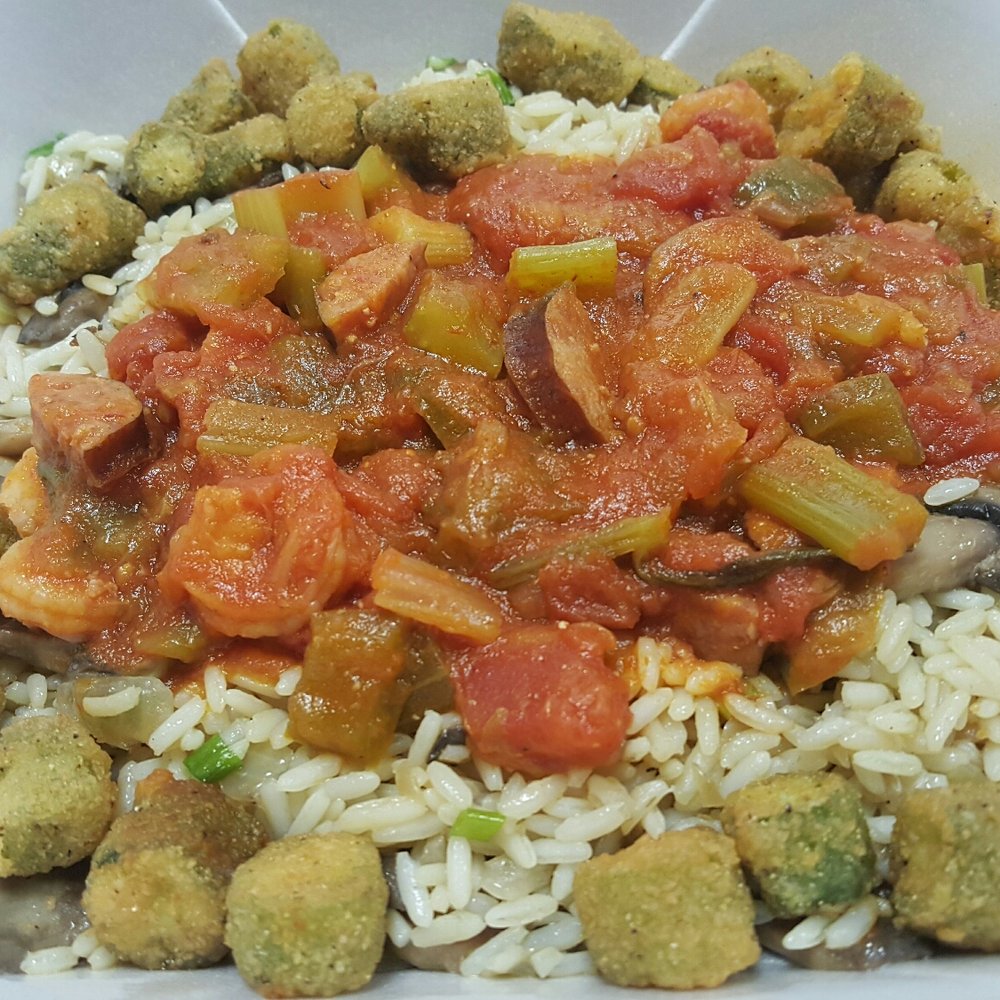 Special: Shrimp and sausage creole with scallions, mushrooms, and okra over rice. So good. Special: Shrimp and sausage creole with scallions, mushrooms, and okra over rice. So good.