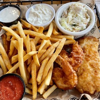 Bob's Burgers and Brew - Seafood platter- Fried cod, 2 large fried prawns with fries and coleslaw - Burgers Near Me - Puyallup, Washington