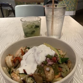 Pure Taqueria - Cazuela with Shrimp and Cucumber Lime and Mint water - Mexican Near Me - Duluth, Georgia