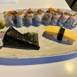 AKA Sushi - Kanpachi roll, yellowtail hand roll and tamago.