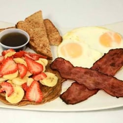 Energy Fuel Healthy Grill - Champion Breakfast... 2 eggs, 2 w/w protein pancakes, 2 pieces Turkey bacon, 7 grain toast and fresh fruit!!!