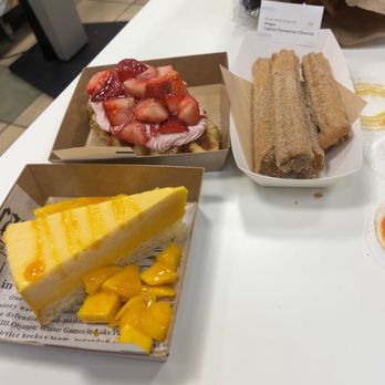 Dessert Cafe Concord - Mango Mousse Cake, Cajeta Cinnamon Churros, Strawberry Cream Croffle - Desserts Near Me - Concord, California