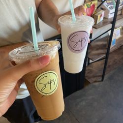 Vanilla oatmilk latte and Georgia peach alani dirty soda