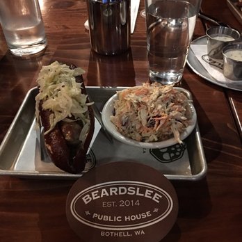 Beardslee Public House - Bratwurst in a delicious pretzel bun with sauerkraut and coleslaw! All made from scratch in the kitchen! - Breweries Near Me - Bothell, Washington Beardslee Public House - Bratwurst in a delicious pretzel bun with sauerkraut and coleslaw! All made from scratch in the kitchen! - Breweries Near Me - Bothell, Washington