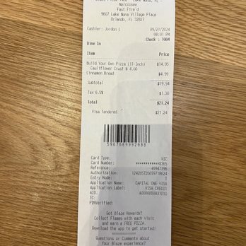 Blaze Pizza - This is the receipt - Pizza Near Me - Orlando, Florida