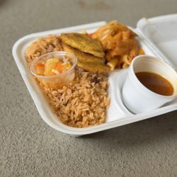 Mama G’s - Rice and beans plantains Mac and cheese and meat sauce