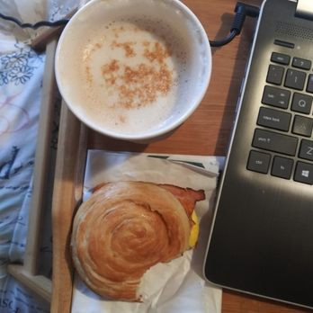 Starbucks - Bacon, egg and cheese croissant with a pistachio latte! - Coffee & Tea Near Me - Indianapolis, Indiana Starbucks - Bacon, egg and cheese croissant with a pistachio latte! - Coffee & Tea Near Me - Indianapolis, Indiana
