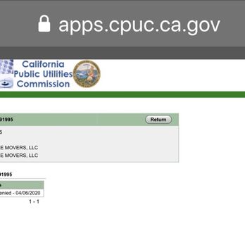 Extra Care Movers - Picture from CA.gov indicating their status is denied, and that they don't have a current license as of 4/6/20. - Movers Near Me