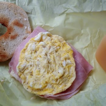 Rose - Bagel with Ham and Egg sandwich with small OJ or Chocolate Milk (alternate). Looks weird on here, but tastes hella good, lol! - Donuts Near Me - Temple City, California Rose - Bagel with Ham and Egg sandwich with small OJ or Chocolate Milk (alternate). Looks weird on here, but tastes hella good, lol! - Donuts Near Me - Temple City, California