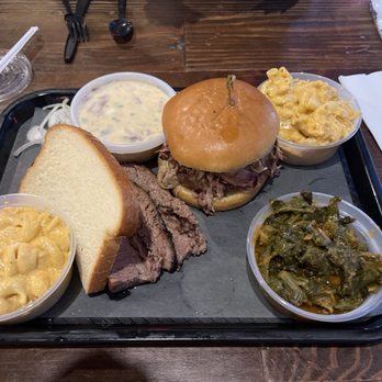 Horn Barbecue - Brisket, pulled pork with Mac n Cheese, collard greens and potato salad - Barbeque Near Me - Fresno, California Horn Barbecue - Brisket, pulled pork with Mac n Cheese, collard greens and potato salad - Barbeque Near Me - Fresno, California