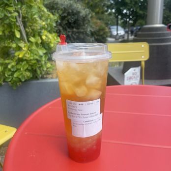 SecreTea - Lychee Four Season Green with lychee popping bubbles and strawberry heart boba. - Bubble Tea Near Me - Washington, DC, District of Columbia