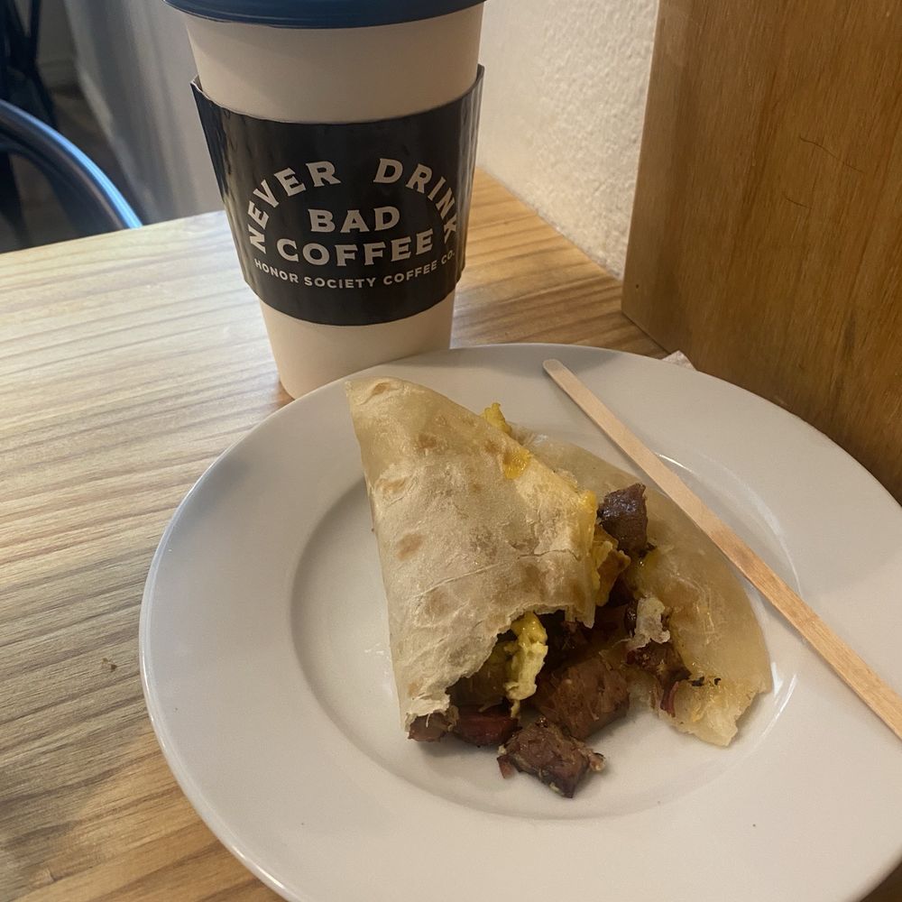 Coco loco latte with Almond milk. Yummy! Breakfast taco with brisket. Very good! Coco loco latte with Almond milk. Yummy! Breakfast taco with brisket. Very good!