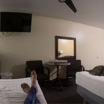 Town House Motel - Pano pic of our room. 2 Queen beds with 4 pillows on each bed, tv, microwave, fridge with separate freezer door. - Hotels Near Me - Lusk, Wyoming