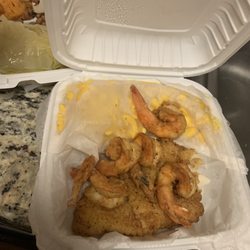 Suburban Seafood - Catfish and shrimp seafood combo plate with double Mac and cheese
