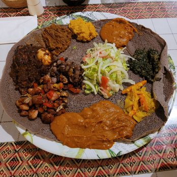 Gojo Ethiopian Restaurant - Doro wot, doro tibbs, gomen wot, mitten shiro, ater kik, cabbage on injera - Ethiopian Near Me - San Jose, California