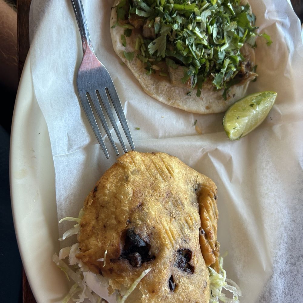 Fried Gordita with steak and Fried pork taco