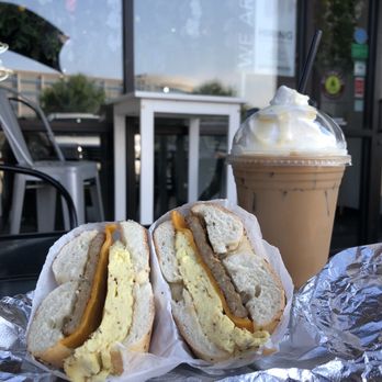 5 Borough Bagels - What a way to start the day!! Sausage, egg and cheese bagel with an Almond & Raspberry latte! Delish! - Coffee & Tea Near Me - Clive, Iowa 5 Borough Bagels - What a way to start the day!! Sausage, egg and cheese bagel with an Almond & Raspberry latte! Delish! - Coffee & Tea Near Me - Clive, Iowa