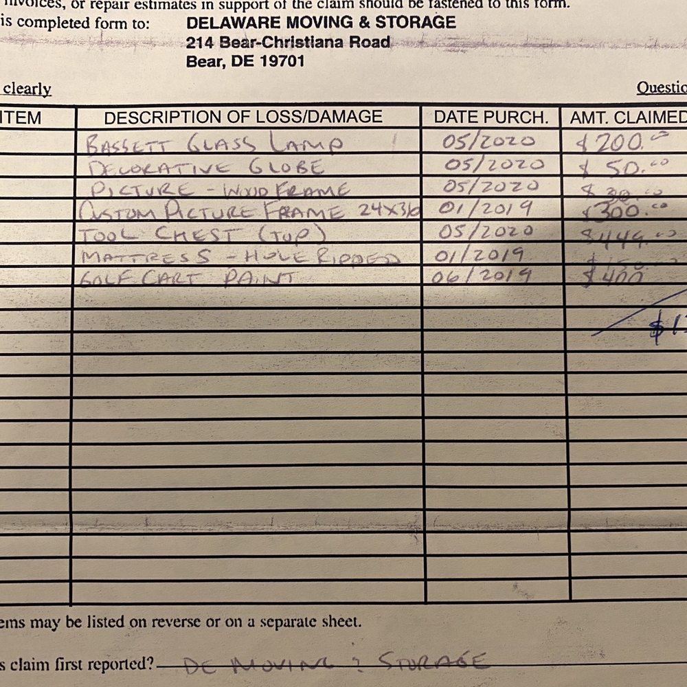 Delaware Moving & Storage - Inventory and cost of damaged items - Movers Near Me - Bear, Delaware