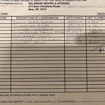 Delaware Moving & Storage - Inventory and cost of damaged items - Movers Near Me - Bear, Delaware Delaware Moving & Storage - Inventory and cost of damaged items - Movers Near Me - Bear, Delaware