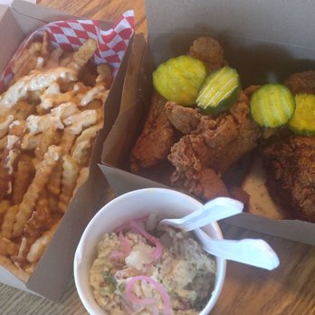 Downlow Chicken Shack - Two by Four (4 Boneless Thighs, 2 Sides), The Fries (Medium Dust, DL sauce), House Potato Salad - Chicken Shop Near Me - Vancouver, British Columbia