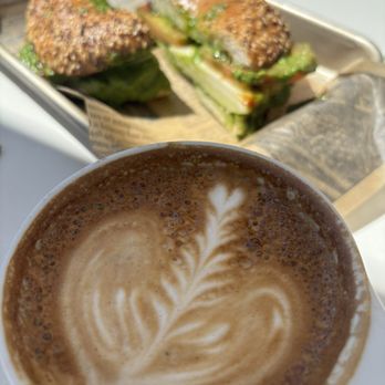 Caje Coffee Roasters - Flat white and pesto sandwich - Coffee Roasteries Near Me - Ventura, California