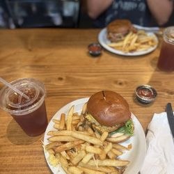 Bistro Espresso - Classic cheeseburger meal with garlic fries and fresh unsweetened iced tea