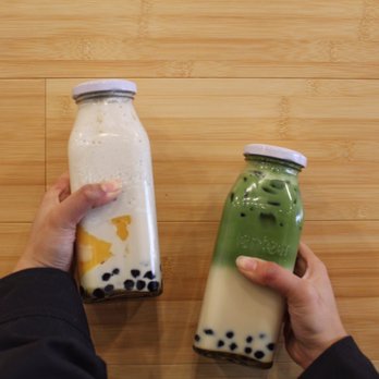 Plentea - Iced milk with egg pudding and boba ( left) matcha latte with boba ( right) - Tea Rooms Near Me - San Francisco, California