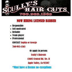 Scully's Hair Cuts - Now hiring full time and part time position available. Please apply in person.