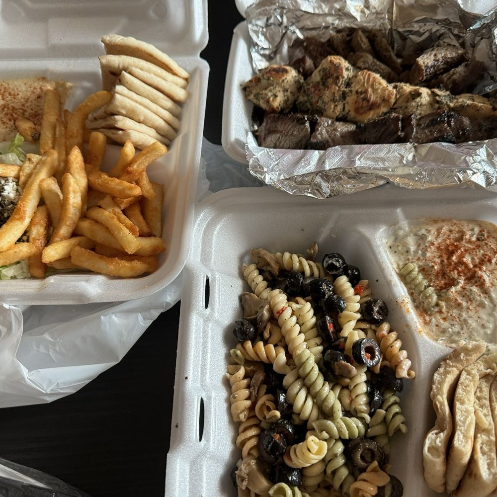 Greek Pasta and Tzatziki & Pita (bottom), top meats (chicken and steak kabob and gyro), left Hummus & Pita, fries and Greek salad