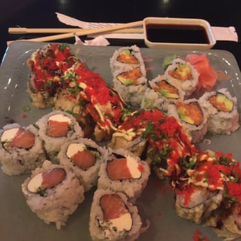 Kanji - Philadelphia roll, Volcano Roll, and Spicy Salmon roll. - Sushi Bars Near Me - Tinton Falls, New Jersey Kanji - Philadelphia roll, Volcano Roll, and Spicy Salmon roll. - Sushi Bars Near Me - Tinton Falls, New Jersey