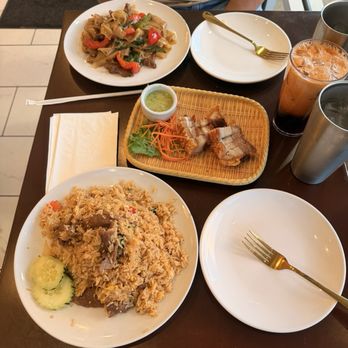 Lert Thai - Drunken noodles with beef Crispy pork belly  Thai fried rice with beef - Thai Near Me - Orlando, Florida