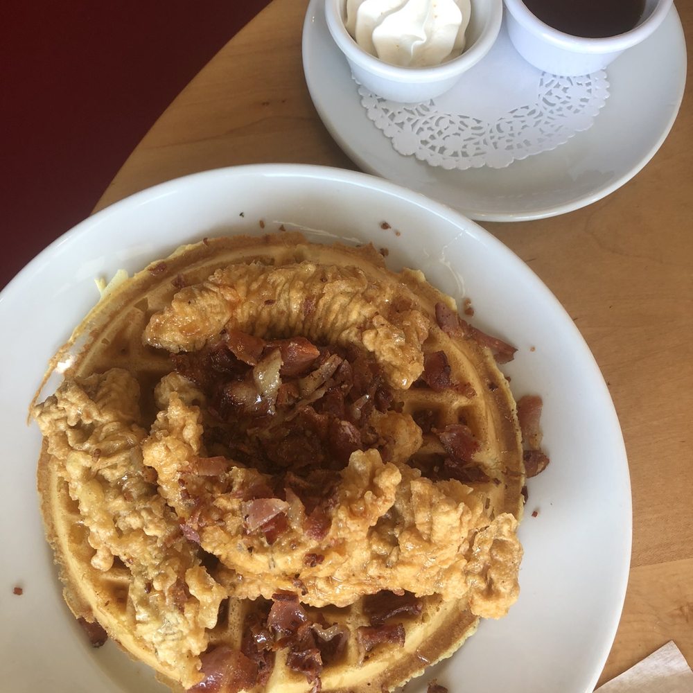Korner Kitchen - Chicken and Waffles (whip cream, maple syrup) - Breakfast & Brunch Near Me - Waterloo, Ontario Korner Kitchen - Chicken and Waffles (whip cream, maple syrup) - Breakfast & Brunch Near Me - Waterloo, Ontario