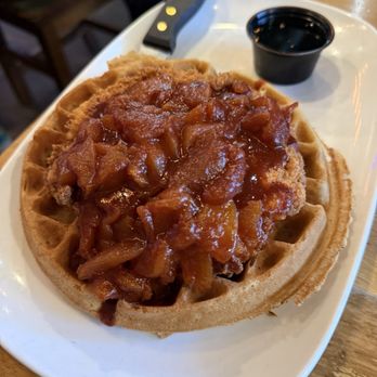 Folk Art - Chicken and waffles with a compote on top, very yummy! - American Near Me - Atlanta, Georgia Folk Art - Chicken and waffles with a compote on top, very yummy! - American Near Me - Atlanta, Georgia