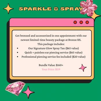 Bronze RX - SPARKLE & SPRAY PACKAGE - Spray Tanning Near Me - Wyandotte, Michigan Bronze RX - SPARKLE & SPRAY PACKAGE - Spray Tanning Near Me - Wyandotte, Michigan