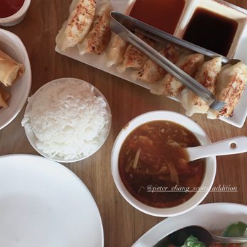 Peter Chang - Fried 4p. Pan Fried Vegetable Dumplings, 26v. Vegetable Lomein, s1h. Hot and Sour Soup - Szechuan Near Me - Richmond, Virginia