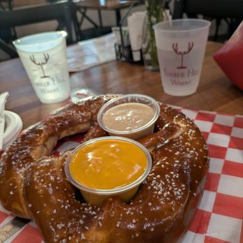 Timber Hill Winery - Big pretzel with beer cheese and ground honey mustard - Wineries Near Me - Milton, Wisconsin Timber Hill Winery - Big pretzel with beer cheese and ground honey mustard - Wineries Near Me - Milton, Wisconsin