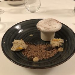 Wijnrestaurant mes amis - Chestnut ice cream with chestnut sponge cake and meringue. Jagermeister creme dollops with gold flaked chocolate.