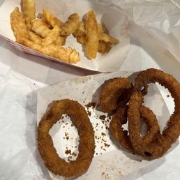 Overcooked (old?) fries and onion rings. Not bad, but could be better.