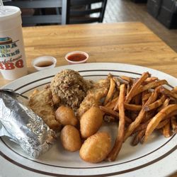 Bubba & Frank's Smokehouse BBQ - Combo - Chicken Tenders and NC Style, Fresh Cut French Fries, Corn-on-Cob, Hush Puppies
