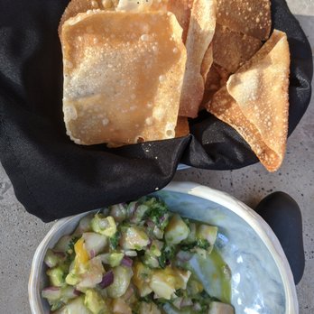 Black Forest Bistro - Ceviche with mango salsa and freshly fried wonton chips - New American Near Me - Black Forest, Colorado