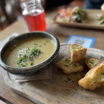 Nourish Bistro - Daily soup bowl. Something with corn and absolutely DELISH - Vegan Near Me - Banff, Alberta Nourish Bistro - Daily soup bowl. Something with corn and absolutely DELISH - Vegan Near Me - Banff, Alberta