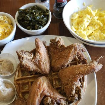 Dame's Chicken and Waffles - Dueling Roosters. 4 wings, infused butter: maple pecan. cheesy mac n cheese, signature waffle with calypso sause drizzle collard greens. - New American Near Me - Cary, North Carolina Dame's Chicken and Waffles - Dueling Roosters. 4 wings, infused butter: maple pecan. cheesy mac n cheese, signature waffle with calypso sause drizzle collard greens. - New American Near Me - Cary, North Carolina