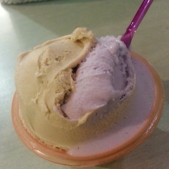 Hello Gelato - Ube and hazelnut combo in a piccolo (small, $4, 100g). Notice the server added some swirling action to blend the flavors together a bit :D - Gelato Near Me - Pasadena, California