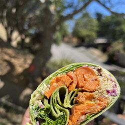 Juice Girl - Veggie wrap with roasted yams, spinach, red cabbage cous cous, red cabbage ~