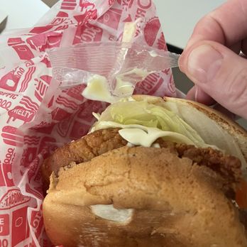 Jack in the Box - Piece of cut Plastic in chicken sandwich. - Fast Food Near Me - Menifee, California